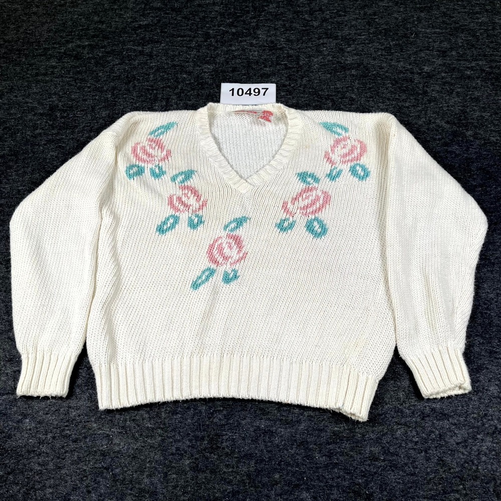 Vintage COS COB Sweater Womens Large White Cable Knit Floral Ramie Winter